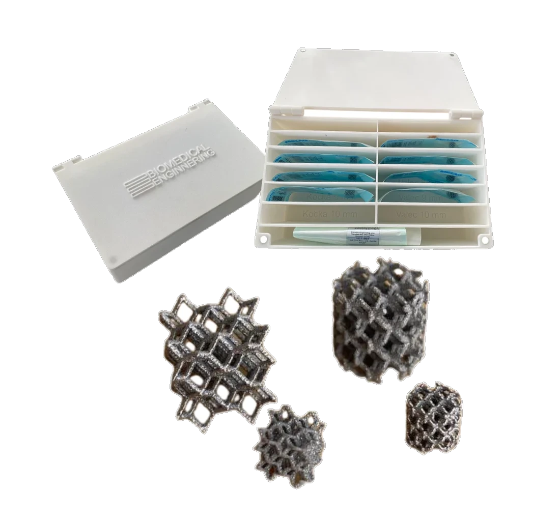 Porous titanium bone cages in cylindrical and cubic forms, with their case